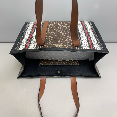 Burberry Stripe Book Tote Monogram Calfskin Brown Black White