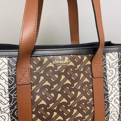 Burberry Stripe Book Tote Monogram Calfskin Brown Black White