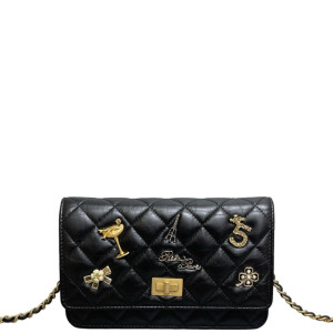 Chanel Quilted Badge 2.55 Reissue Wallet On Chain WOC Crumpled Calfskin Black