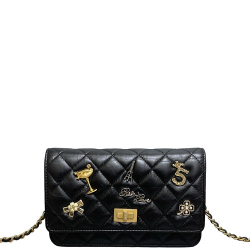 Chanel Quilted Badge 2.55 Reissue Wallet On Chain WOC Crumpled Calfskin Black