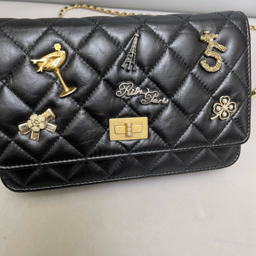 Chanel Quilted Badge 2.55 Reissue Wallet On Chain WOC Crumpled Calfskin Black