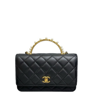 Chanel Quilted Crystal Metal Top Handle Flap With Chain Calfskin Black Chanel Quilted Crystal Metal Top Handle Flap With Chain Calfskin Black