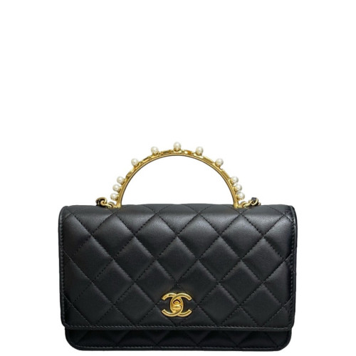 Chanel Quilted Crystal Metal Top Handle Flap With Chain Calfskin Black