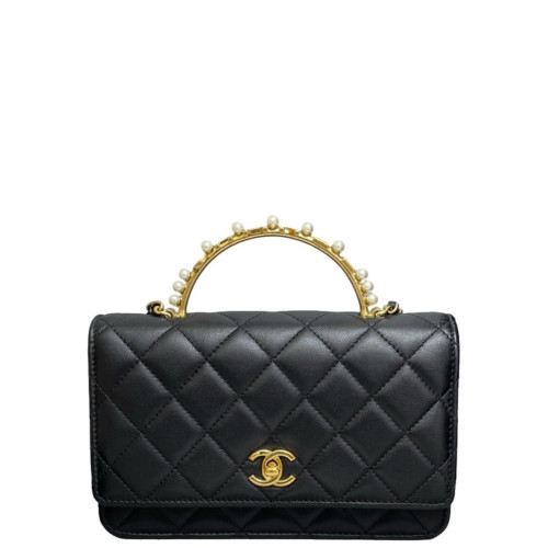 Chanel Quilted Crystal Metal Top Handle Flap With Chain Calfskin Black