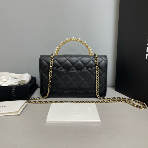 Chanel Quilted Crystal Metal Top Handle Flap With Chain Calfskin Black
