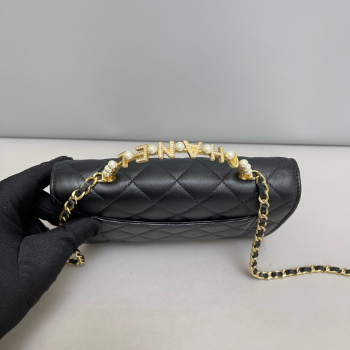Chanel Quilted Crystal Metal Top Handle Flap With Chain Calfskin Black