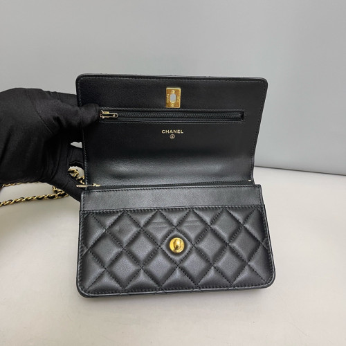 Chanel Quilted Crystal Metal Top Handle Flap With Chain Calfskin Black