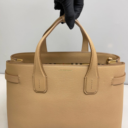Burberry Medium Banner Tote Calfskin House Check Natural Tan Beige Black