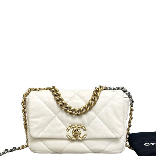 Chanel Quilted Small 19 Flag Lambskin White