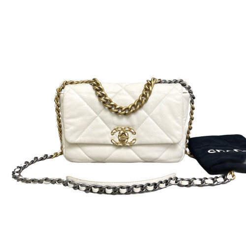 Chanel Quilted Small 19 Flag Lambskin White