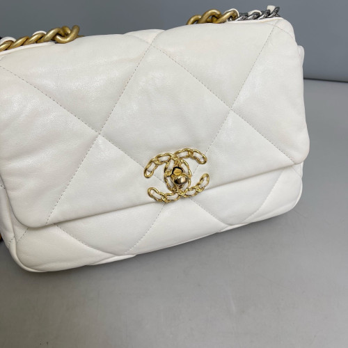 Chanel Quilted Small 19 Flag Lambskin White