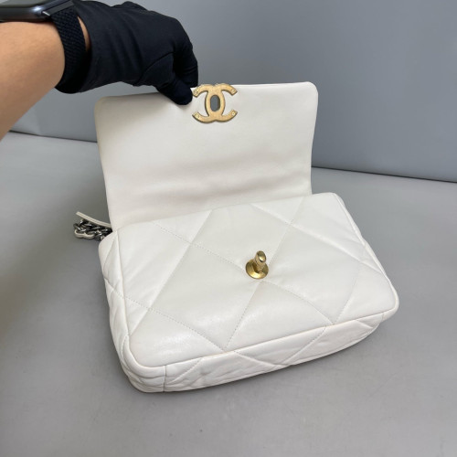 Chanel Quilted Small 19 Flag Lambskin White