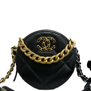 Chanel Quilted 19 Round Clutch With Chain Calfskin Black