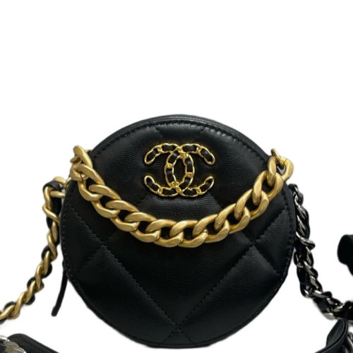 Chanel Quilted 19 Round Clutch With Chain Calfskin Black