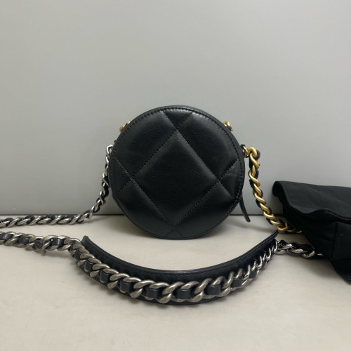 Chanel Quilted 19 Round Clutch With Chain Calfskin Black