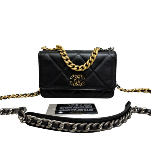 Chanel Quilted 19 Wallet On Chain WOC Lambskin Black