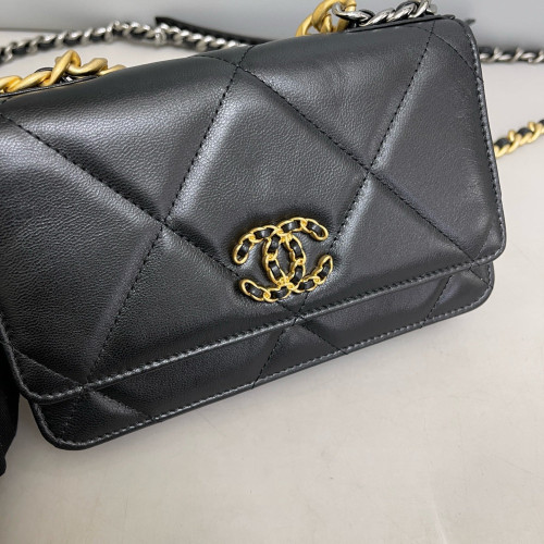 Chanel Quilted 19 Wallet On Chain WOC Lambskin Black
