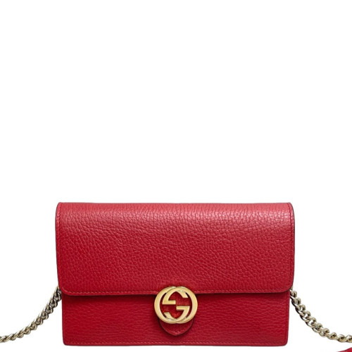 Gucci Interlocking G Chain Wallet Grained Calfskin Red