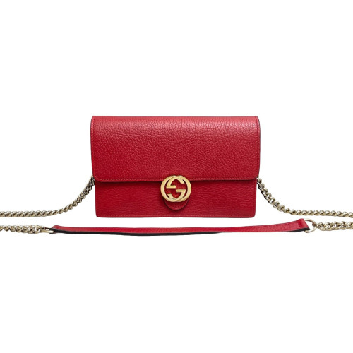Gucci Interlocking G Chain Wallet Grained Calfskin Red