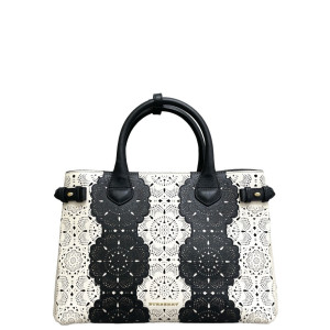 Burberry Medium Banner Tote Calfskin Black White