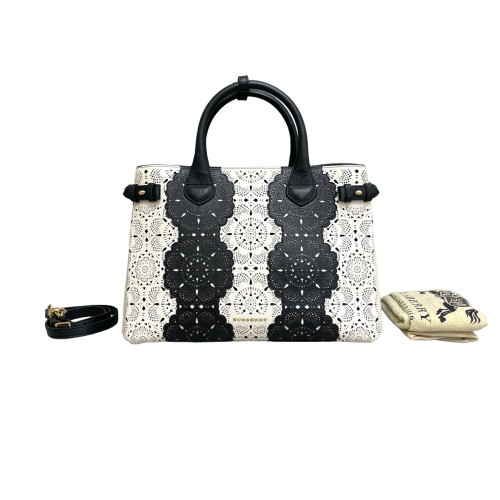Burberry Medium Banner Tote Calfskin Black White