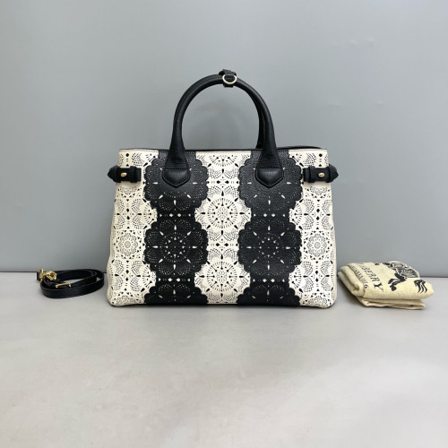 Burberry Medium Banner Tote Calfskin Black White