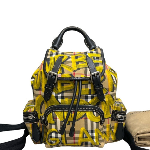 Burberry Graffiti Print Small Rucksack Backpack Calfskin House Check Beige Yellow Black