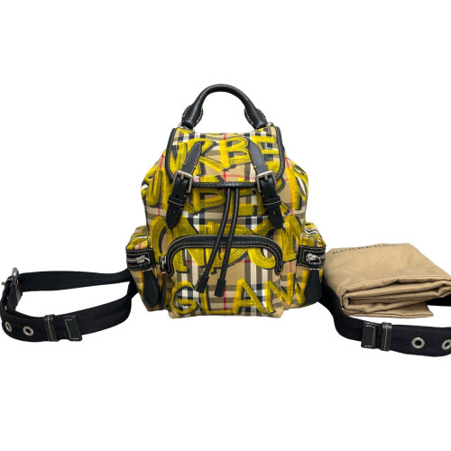 Burberry Graffiti Print Small Rucksack Backpack Calfskin House Check Beige Yellow Black