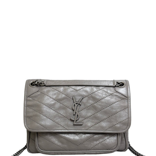 Yves Saint Laurent Medium Niki Messenger Pull Up Leather Grey
