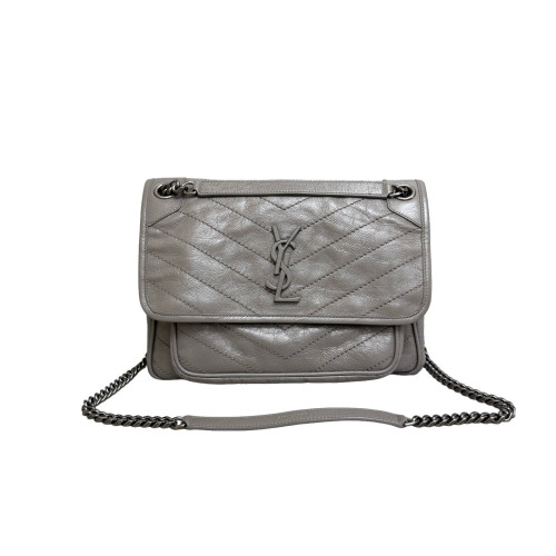 Yves Saint Laurent Medium Niki Messenger Pull Up Leather Grey