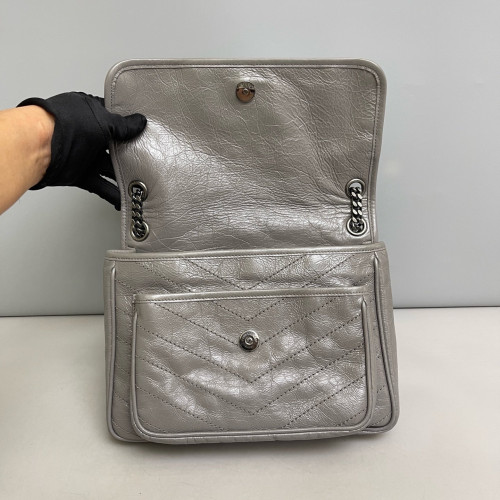 Yves Saint Laurent Medium Niki Messenger Pull Up Leather Grey