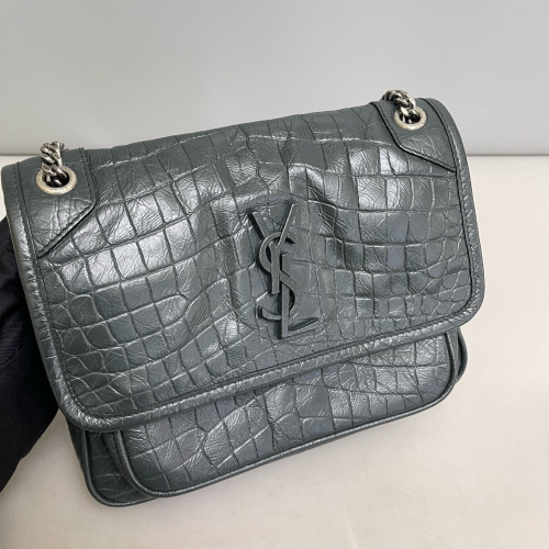 Yves Saint Laurent Baby Niki Messenger Calfskin Crocodile Embossed Dark Green Yves Saint Laurent Baby Niki Messenger Calfskin Crocodile Embossed Dark Green