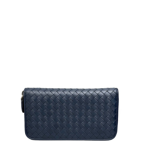 Bottega Veneta Intrecciato Zip Around Wallet Calfskin Intrecciato Dark Blue