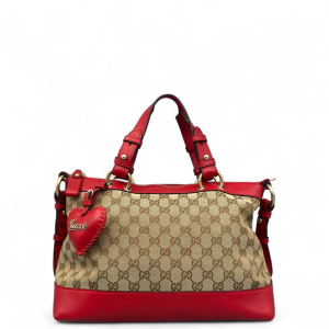 Gucci Heart Tote Bag GG Supreme Monogram Calfskin Beige Red