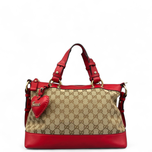 Gucci Heart Tote Bag GG Supreme Monogram Calfskin Beige Red