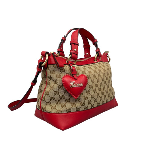 Gucci Heart Tote Bag GG Supreme Monogram Calfskin Beige Red