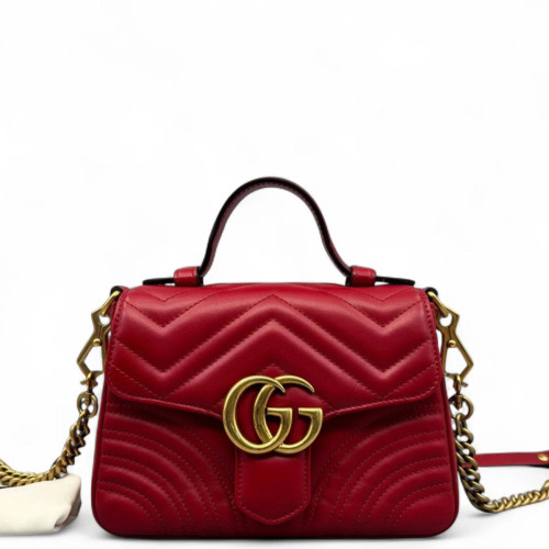 Gucci Chevron Mini GG Marmont Top Handle Shoulder Bag Calfskin Red