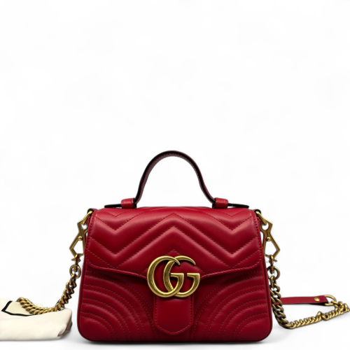 Gucci Chevron Mini GG Marmont Top Handle Shoulder Bag Calfskin Red