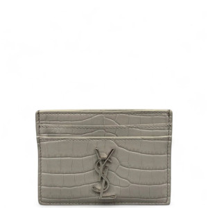 Yves Saint Laurent Card Holder Calfskin Crocodile Embossed Grey