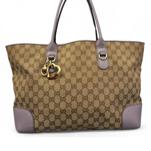 Gucci Bamboo Tote Bag GG Supreme Monogram Calfskin Brown Light Brown Purple