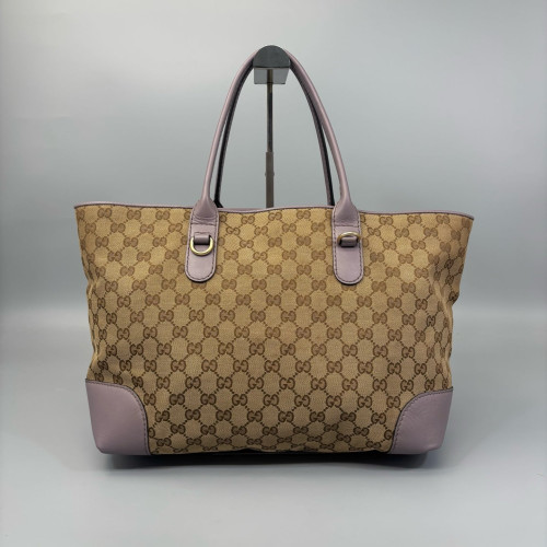 Gucci Bamboo Tote Bag GG Supreme Monogram Calfskin Brown Light Brown Purple