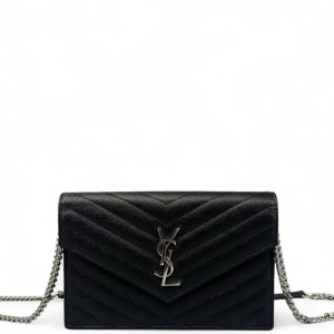 Yves Saint Laurent Small Envelope Chain Wallet Grained Calfskin Black