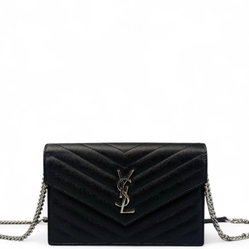 Yves Saint Laurent Small Envelope Chain Wallet Grained Calfskin Black