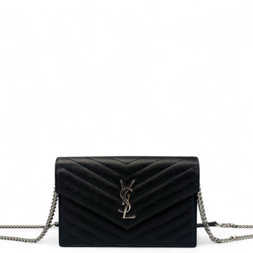 Yves Saint Laurent Small Envelope Chain Wallet Grained Calfskin Black