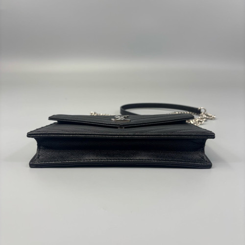 Yves Saint Laurent Small Envelope Chain Wallet Grained Calfskin Black