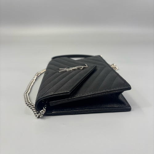 Yves Saint Laurent Small Envelope Chain Wallet Grained Calfskin Black