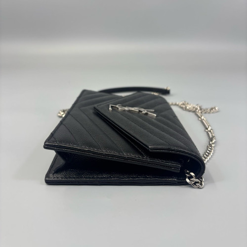 Yves Saint Laurent Small Envelope Chain Wallet Grained Calfskin Black