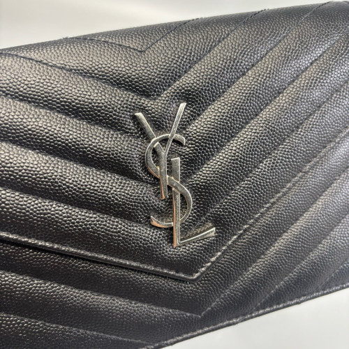 Yves Saint Laurent Small Envelope Chain Wallet Grained Calfskin Black