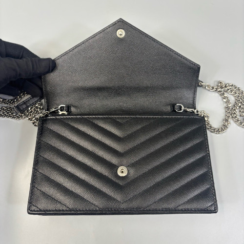 Yves Saint Laurent Small Envelope Chain Wallet Grained Calfskin Black