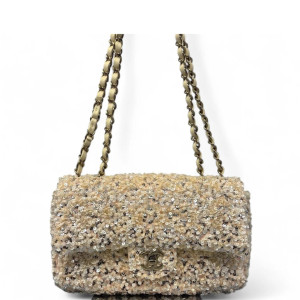 Chanel Small Single Flap Sequin Beige Gold
